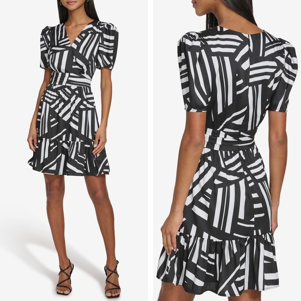 Karl Lagerfeld black and white mini dress surplice puff shoulders size 2 NEW NWT